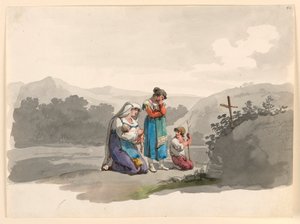 Tekening, Vrouw met baby die bidt voor het kruis dat de plaats markeert waar haar man werd gedood, 1807-08 door Bartolomeo Pinelli