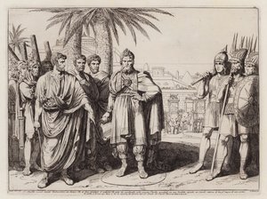 Gaius Popillius Laenas tekent een cirkel in het zand rond Antiochus IV Epifanes (ets)
