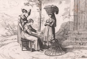 Romeinse vrouwen in traditionele kostuums, ets door Bartolomeo Pinelli