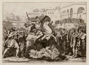 Sacrificale dood van Marcus Curtius (ets) door Bartolomeo Pinelli