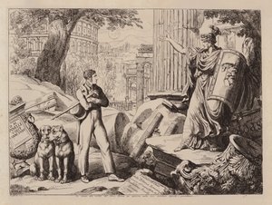 Standbeeld in het Forum, Rome (ets) door Bartolomeo Pinelli