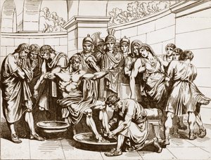 De Romeinse filosoof Seneca (Lucius Annaeus Seneca, 4 v.Chr.-65 n.Chr.), beschuldigd van deelname aan een samenzwering tegen Keizer Nero, werd bevolen zelfmoord te plegen - gravure door Bartolomeo Pinelli - Dood van Seneca, gravure door Bartolomeo Pinelli 