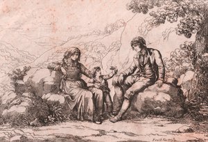 Twee burgers met een baby, Schiavi, Abruzzo, ets door Bartolomeo Pinelli (Rome)
