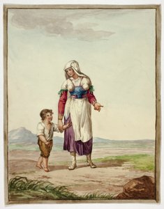 Vrouw in klederdracht met jongen op de weg door Bartolomeo Pinelli
