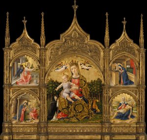 De Madonna van Nederigheid, de Annunciatie, de Geboorte en de Pietà door Bartolomeo Vivarini