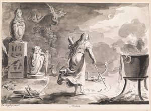 Medea. Een vrouw van achteren gezien, tussen reptielen, halfwezens, een heksenketel en Egyptische godenbeelden, schrijft 