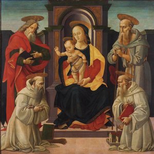 De tronende Madonna met kind met de heiligen Johannes de Evangelist en Hiëronymus, en twee Benedictijner heiligen