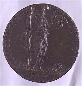 Portretmedaille met een vrouwelijke figuur die een staf vasthoudt (brons) door Bartolommeo Melioli