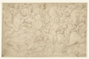 Gevecht tussen ruiterij en voetvolk en het wegleiden van gevangenen door Bartolommeo Neroni (attributed to)