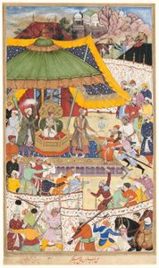 De jonge keizer Akbar arresteert de onbeschaamde Shah Abu’l-Maali, pagina uit een manuscript van de Akbarnama