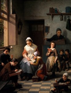 De schoolkamer. Schilderij van Basile de Loose (1809-1885)