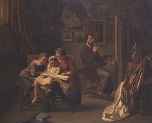 De kunstenaar met zijn kinderen in zijn atelier door Basile de Loose