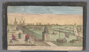 Gezicht op de Hogesluis naar de Buiten-Amstel, de Amsteldijk en de molens aan de Zaagmolensloot te Amsterdam