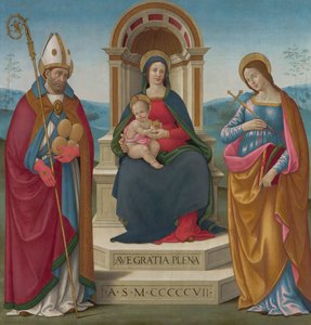 Madonna en Kind met St. Justus van Volterra en St. Margaret van Antiochië door Bastiano Mainardi