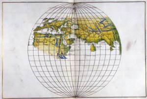Hemisferische kaart van de oude wereld, van Europa en Afrika tot India; toont de indelingen van Ptolemaeus, c.1540