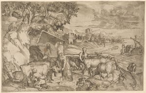 Landschap met vee door Battista Angolo del Moro