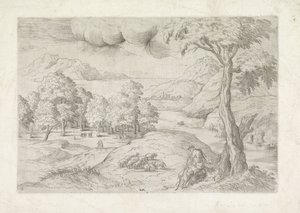 Panoramisch landschap met ruïnes, een stad en reizigers