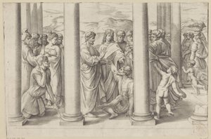 De heilige Petrus en Johannes genezen een lamme in een tempel