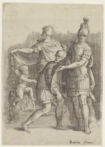 Drie soldaten en een putto door Battista Franco