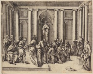 Zwölfjähriger Jesus diskutiert mit den Tempelgelehrten door Battista Franco