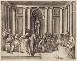 Zwölfjähriger Jesus diskutiert mit den Tempelgelehrten door Battista Franco