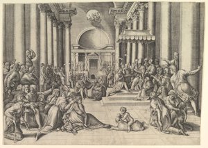 Constantijn presenteert de stad Rome aan de Heilige Stoel, rechts veel toeschouwers, ca. 1530-61 door Battista Franco Veneziano