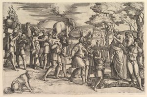 Melchizadek biedt brood en wijn aan Abraham, ca. 1547 door Battista Franco Veneziano