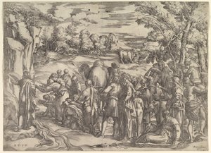 Mozes die Water uit de Rots Haalt, links met stromend water, verschillende figuren door Battista Franco Veneziano