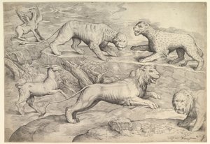 Zes dieren, waaronder leeuwen, een tijger, een luipaard, een griffioen en een geit, ca. 1530-61 door Battista Franco Veneziano