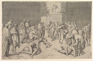 De Filistijnen plaatsen de Ark van het Verbond in de Tempel van Dagon, ca. 1540