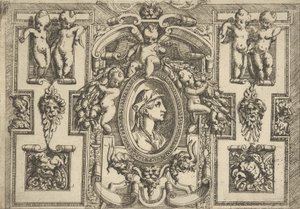 Buste van een vrouw in profiel naar rechts, geplaatst in een sierlijk kader met putti, ..., ca. 1540-80