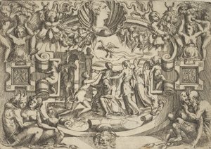 Vier vrouwen rondom een zittend figuur, een vogel boven hen, binnen een ingewikkeld ..., ca. 1540-80 door Battista del Moro