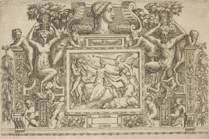 Zittende vrouw met uitgestrekte armen, personificatie van Faam met trompet rechts..., ca. 1540-80
