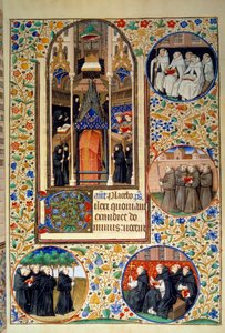 Scène uit het kloosterleven. In de medaillons, van boven naar beneden, de Karmelieten, Franciscanen, Dominicanen, Augustijnen (links). Miniatuur uit het 