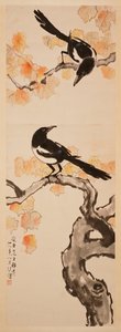 Twee Eksters op Rode Bladboom door Beihong Xu