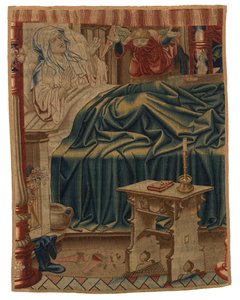 Beatrix Soetkens in Bed, uit de eerste scène in het eerste tapijt van een set van vier die de 