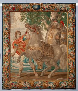 Koning Alexander de Grote temt het paard Bucephale. Wandtapijt gemaakt in de manufacturen van Brussel. 16e eeuw Genua, Musei di Strada Nuova door Belgian School