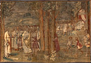 Mozes stelt de gerechtigheid in Wandtapijt door Dionys Martensz naar de kartons van Luca Cambiaso (1527-1584) en gemaakt in de manufacturen van Brussel 1561-1564 Dim. 392,5x220,5 cm Genua, Musei di Strada Nuova