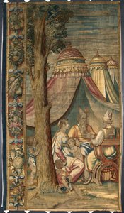 Mozes met Jethro en Sephora Wandtapijt door Dionys Martensz naar de kartons van Luca Cambiaso (1527-1584) gemaakt in de fabrieken van Brussel 1561-1564 Dim. 391x141,2 cm Genua, Musei di Strada Nuova