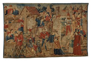 Tapijt met wijnoogsters, uit Doornik, ca. 1460-70 (wol) door Belgian School