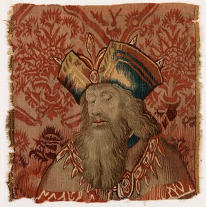 Tapijtpaneel met het hoofd van een priester of koning, mogelijk gemaakt in Doornik, België, mogelijk begin 16e eeuw (wol) door Belgian School
