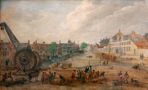 Zicht op Gent Lievekaai en Augustijnenkaai met een houten kraan, kopie van een 18e-eeuws schilderij van Engelbert van Siclers door Belgian School