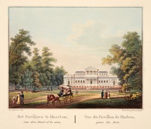 Het Paviljoen te Jaarlem, van den Hout af te zien. Vue du Pavillon de Harlem, prise du Bois, 1825 door Bendrik Greeven