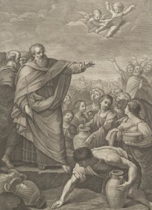 Mozes links met de Israëlieten die manna verzamelen terwijl het uit de lucht valt, twee engelen erboven, 1776 door Benedetto Eredi