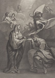 Plaat 6: Droom van Sint Jozef, met de Maagd Maria links en een engel boven die wijst