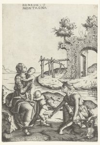 Familie zit aan waterkant vlakbij ruïne door Benedetto Montagna