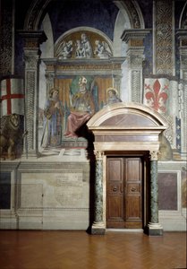 Sint Zanobius, Sint Laurentius en Sint Stefanus (Zaal van Lelies) (fresco) door Benedetto da Maiano