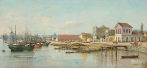 Benedito Calixto - Porto do Bispo, Santos, SP, gezien vanaf de zee, 1887 door Benedito Calixto