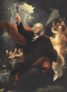 Benjamin Franklin vliegerexperiment. (prent)