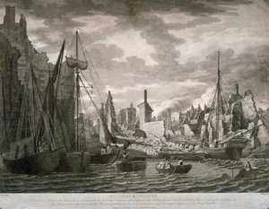 Uitzicht op het Ratcliffe-gebied, Londen, met de ruïnes na de brand van 23 juli, 1794 door Benjamin Burnell